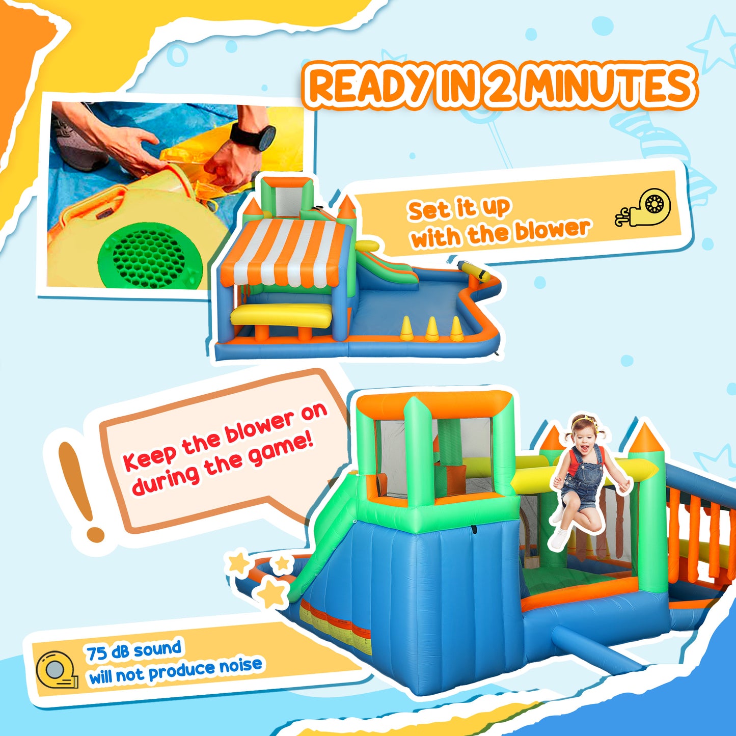 8 in 1 Inflatable Bounce House with 550W Blower, Slide, 2 Pools