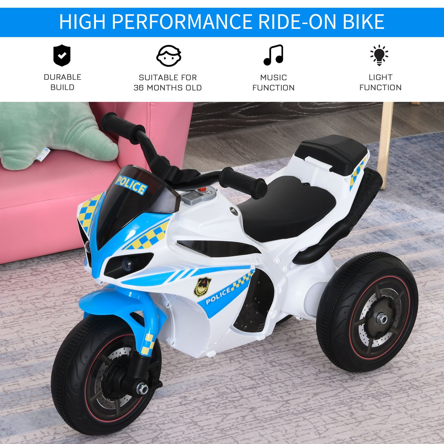 Kids Ride-On Police Bike 3-Wheel Vehicle w/ Music Lights Seat
