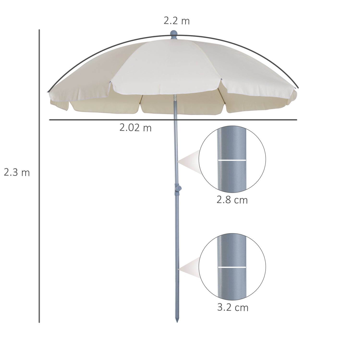 2.2m Beach Umbrella, Portable Parasol with Tilting Function