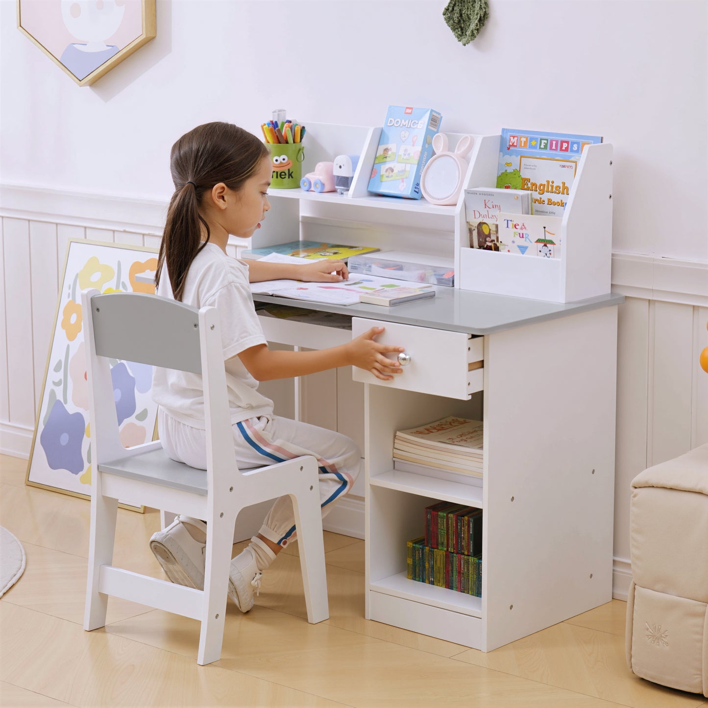 Two-Piece Kids Desk and Chair Set with Storage, for Ages 5-8 Years