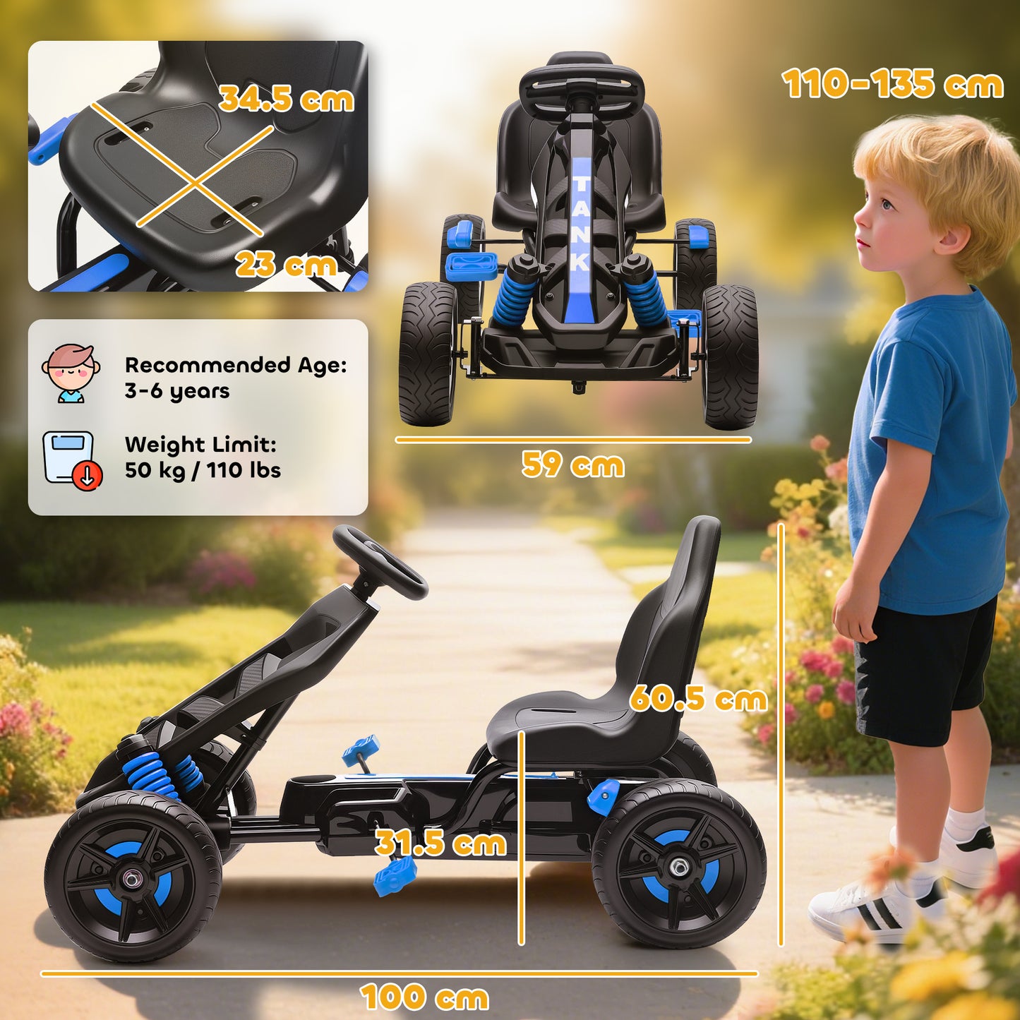 Pedal Go Kart for Kids Aged 3-6 Years, with Freewheel System, Brake