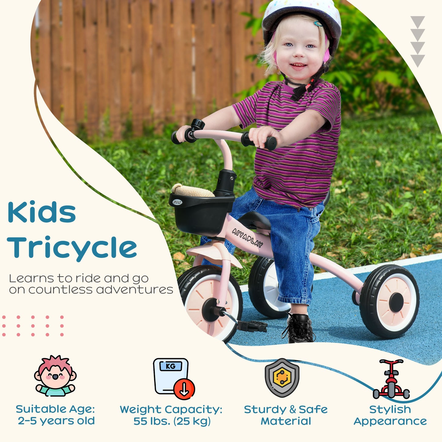 Kids Trike, Tricycle, with Adjustable Seat, Basket, Bell