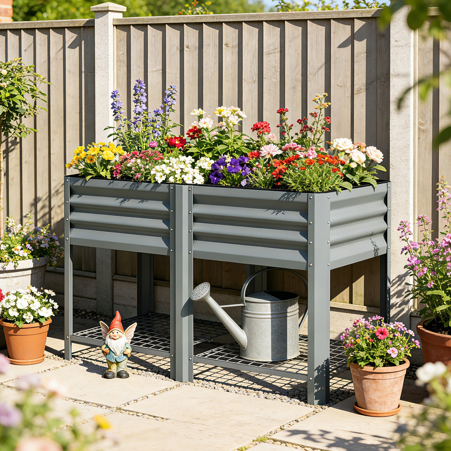 Raised Garden Bed with Storage Shelf Steel Elevated Planter Box