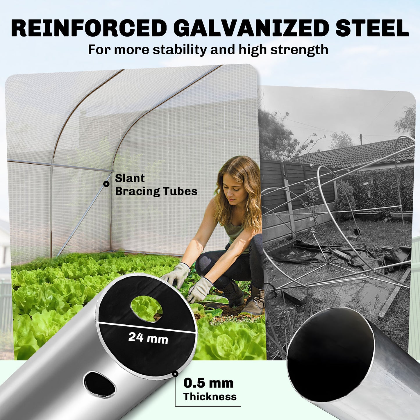 4 x 3(m) Walk-in Polytunnel Greenhouse, Zipped Roll Up Sidewalls