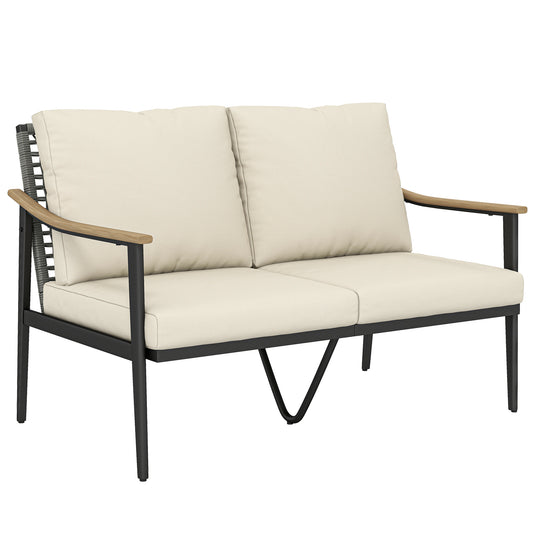 2 Seater Rattan Sofa, Outdoor Garden Sofa with Wood-Effect Armrests