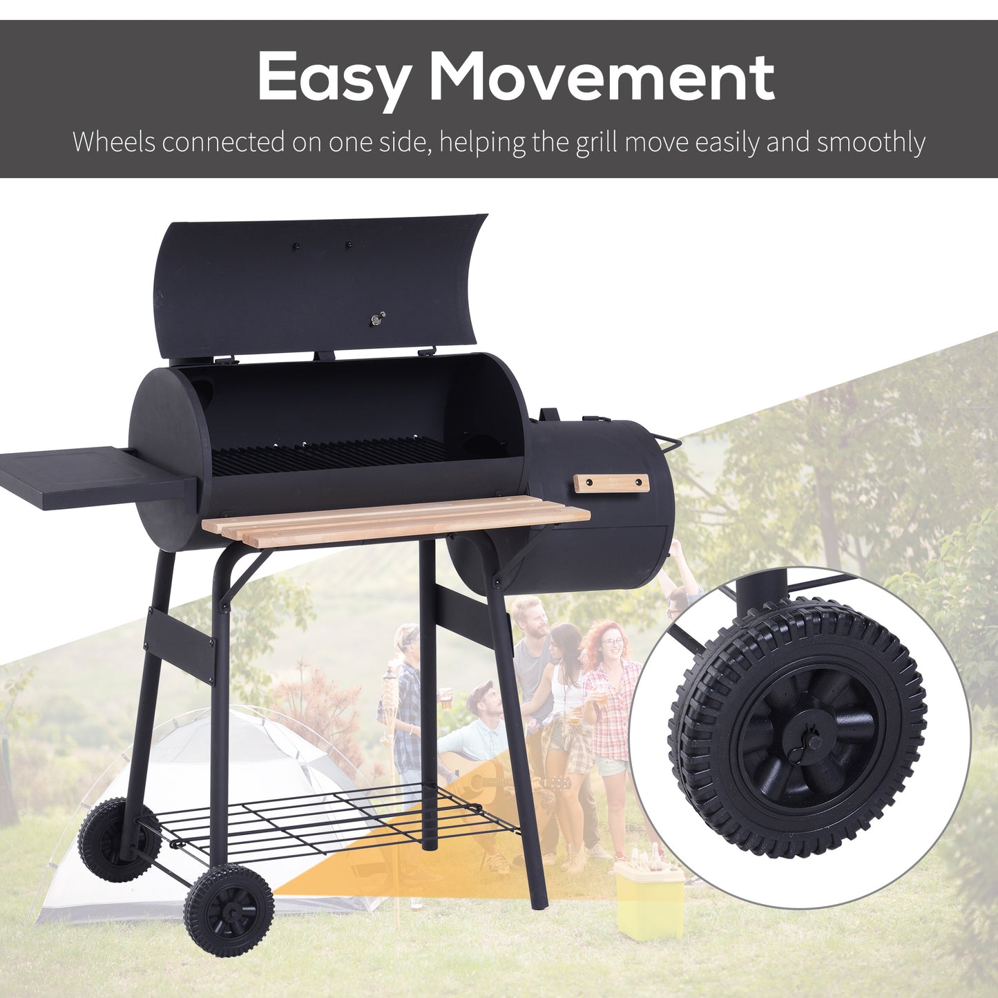 Portable Charcoal BBQ Grill, Cold-rolled Steel, Solid Wood
