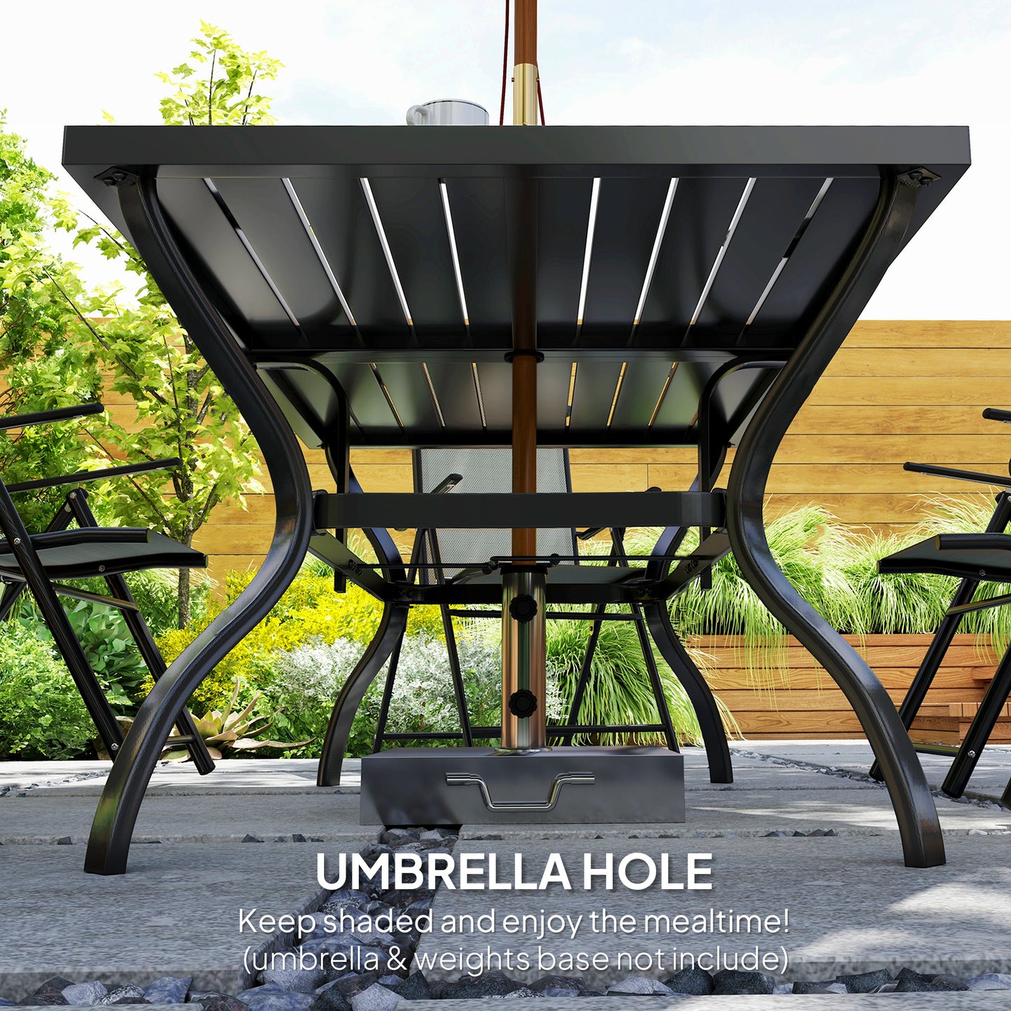 Seven-Piece Steel Outdoor Dining Set, with Parasol Hole