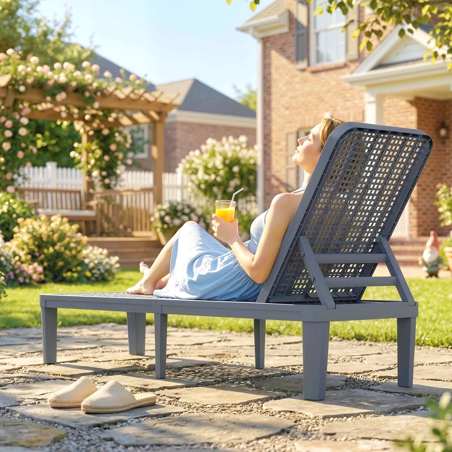Plastic Sun Lounger, 4-Position Adjustable Reclining Garden Lounger