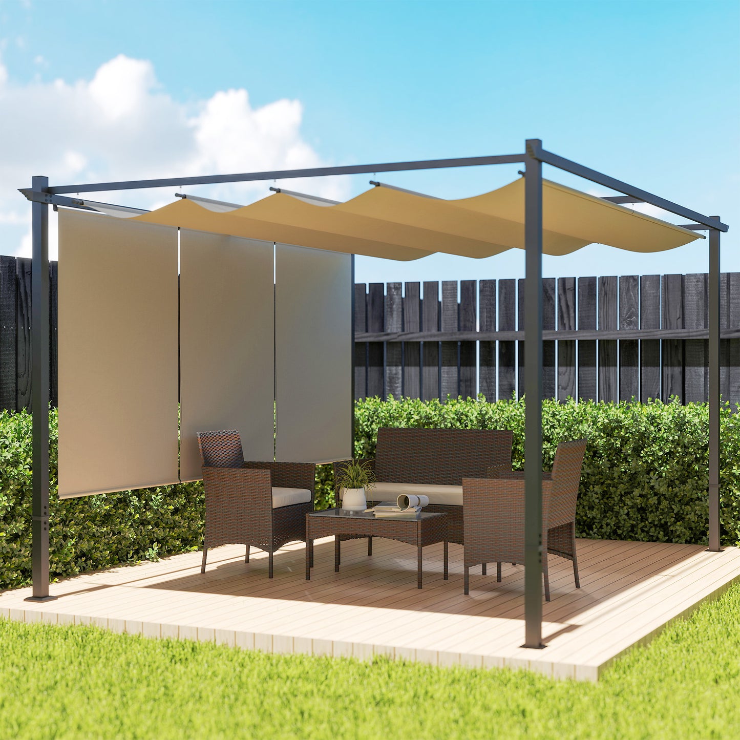3 x 4m Metal Pergola with Retractable Roof and Roller Shade (1)