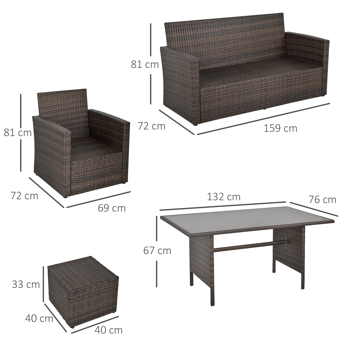 Six-Piece Rattan Sofa Set, with Glass-Top Table