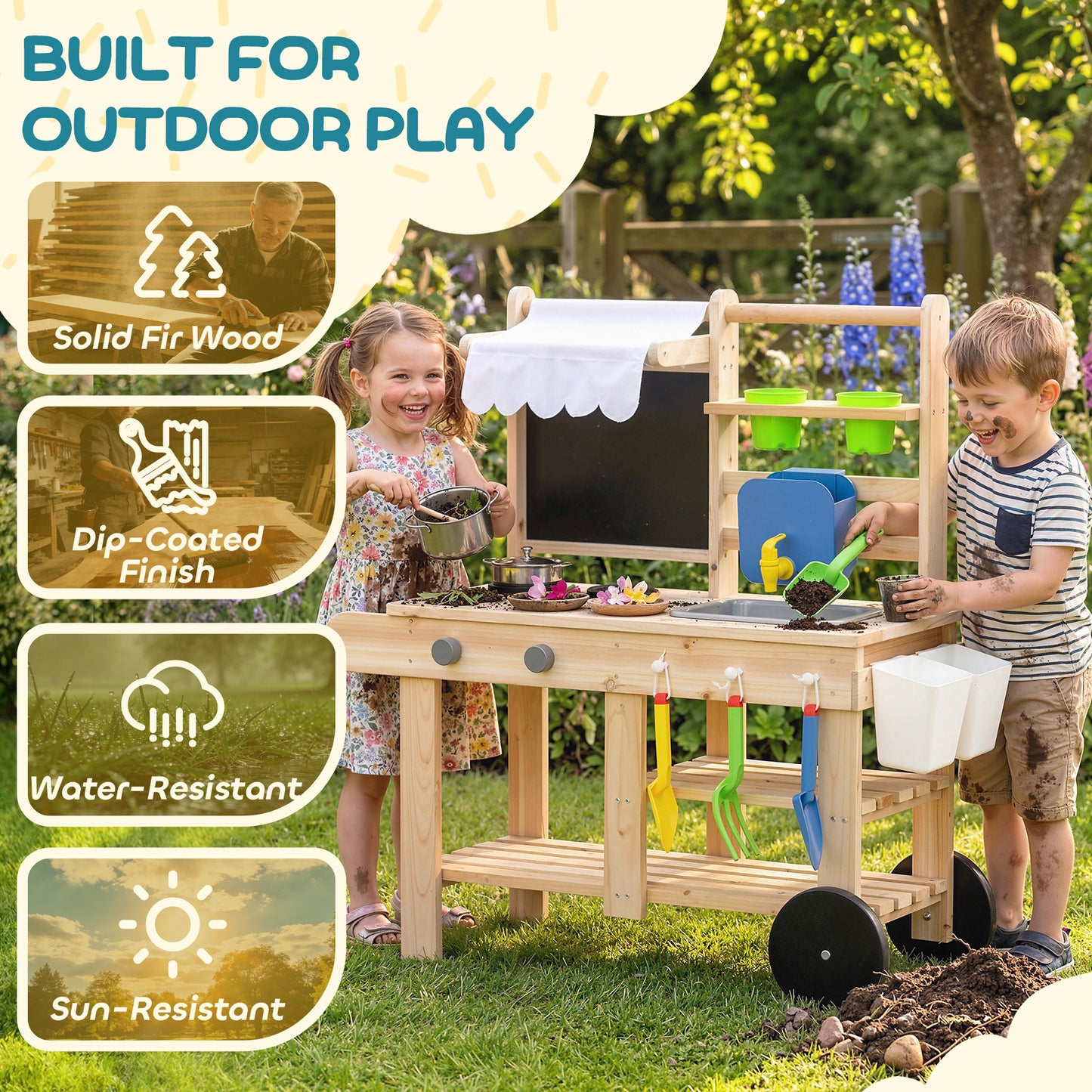 Mud Kitchen with Real Water Faucet Pretend Play Kitchen Playset