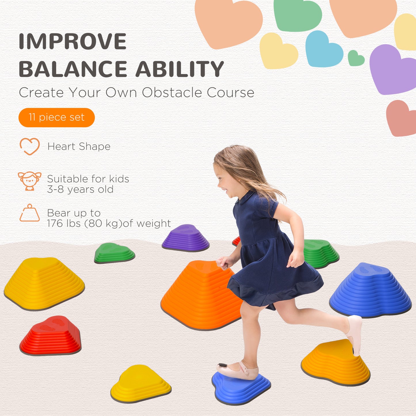 11-Piece Heart-Shaped Kids Balance Stepping Stones and Motor Skills