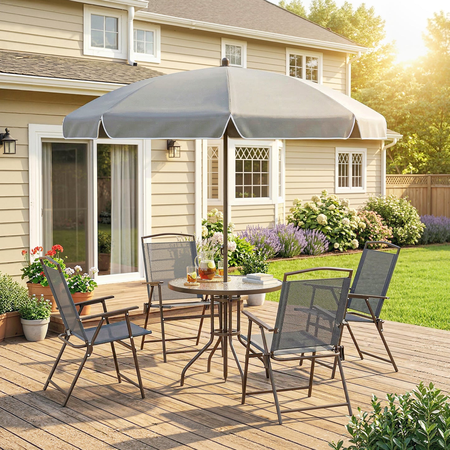 6 Piece Garden Dining Set with Umbrella, Patio Sets with Parasol