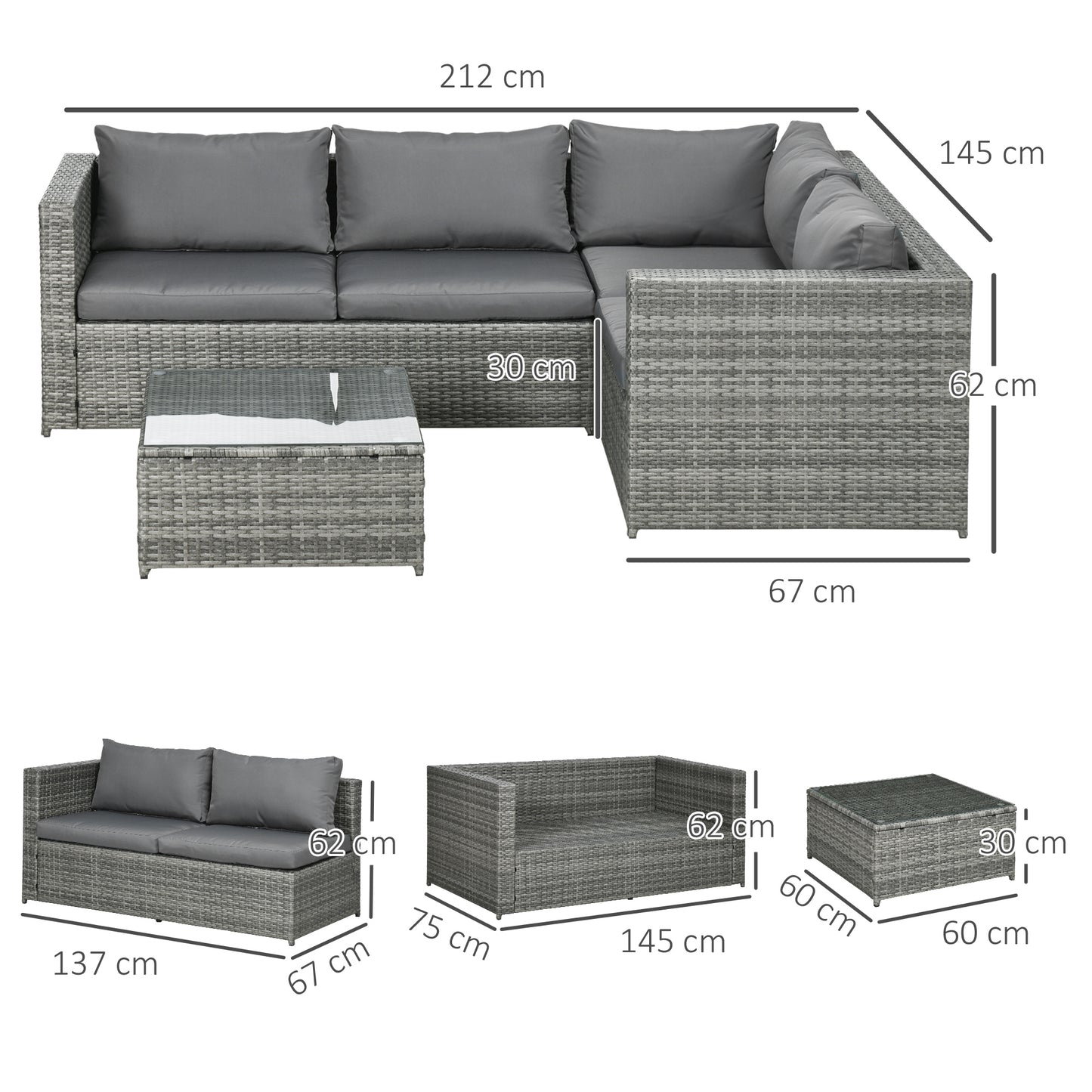 3 Pieces PE Rattan Garden Furniture Set with 10 cm Thick Cushions