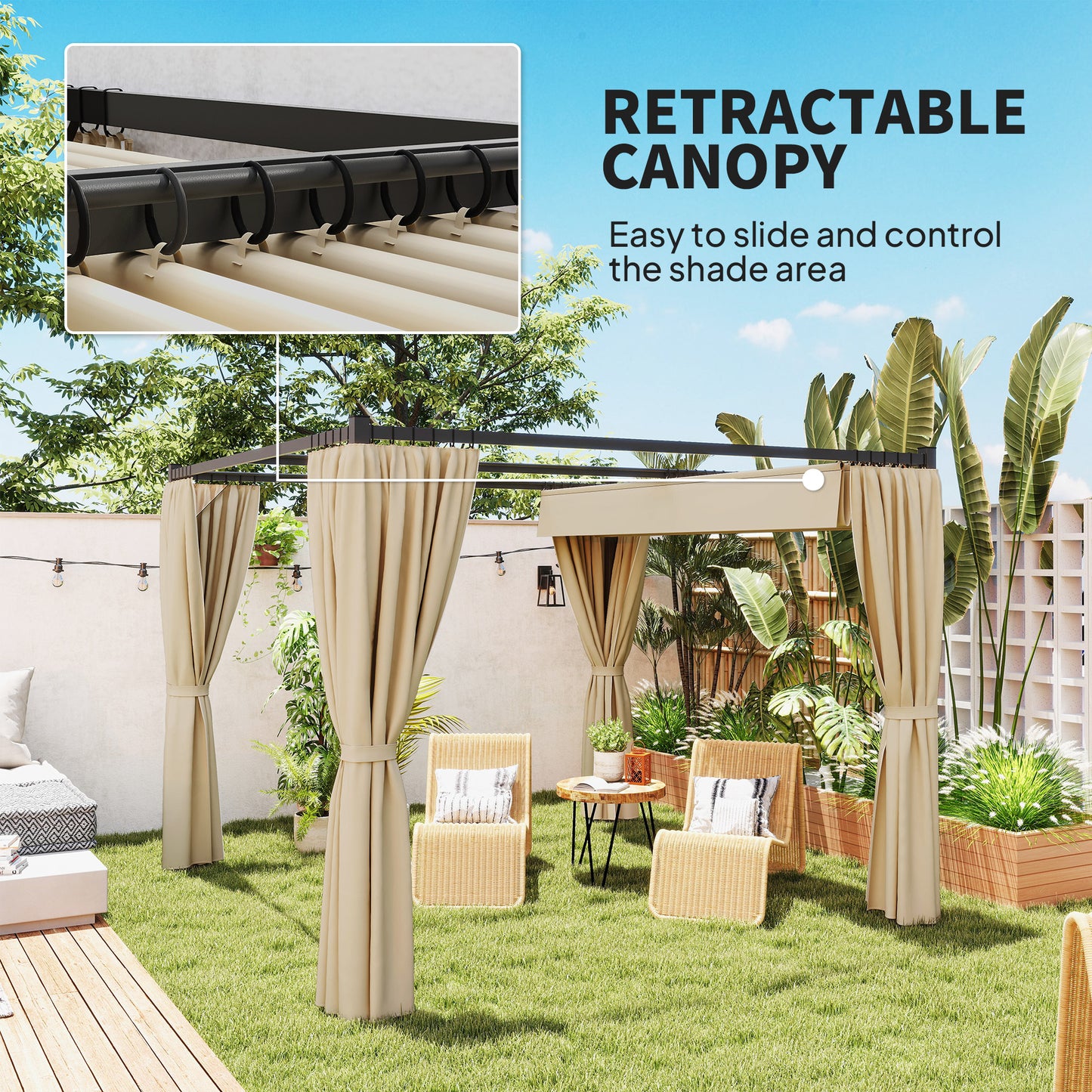 3 x 3(m) Retractable Pergola, Garden Gazebo Shelter with Curtains