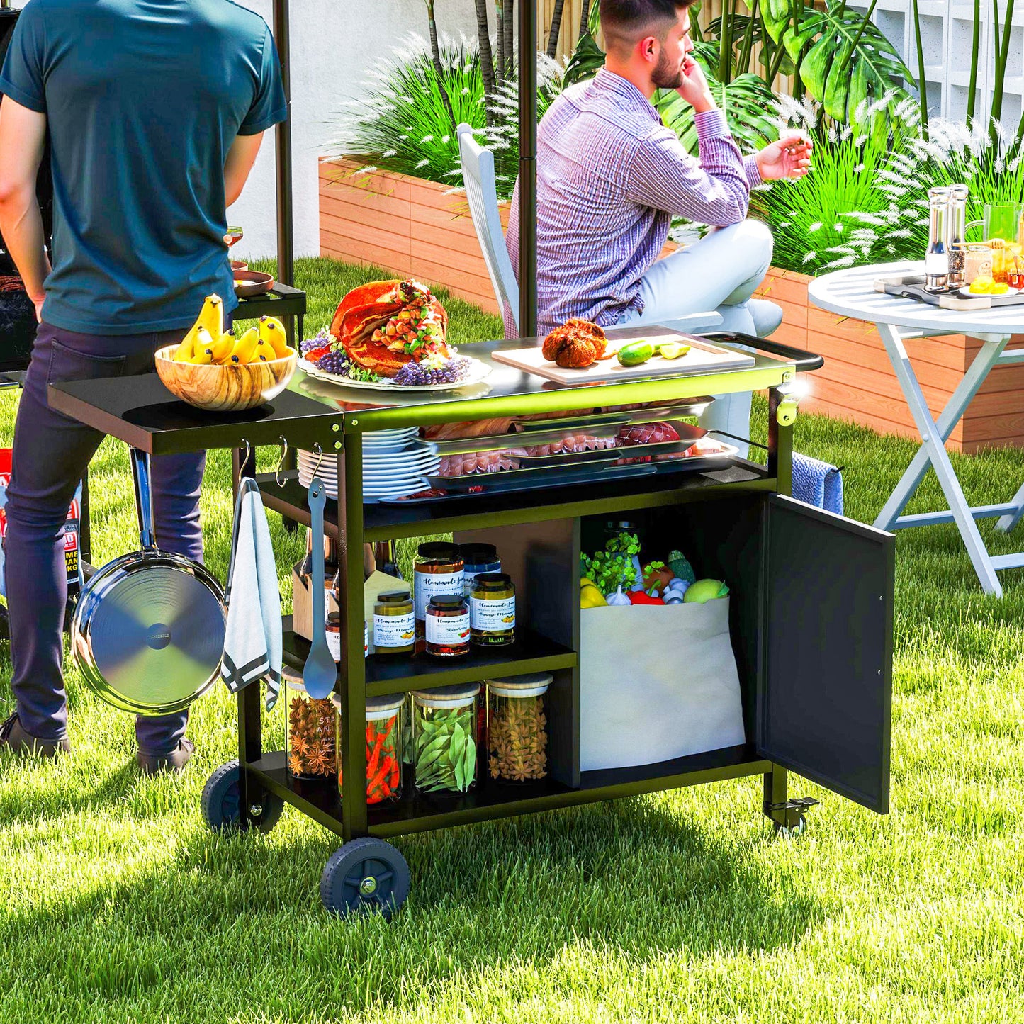 Outdoor BBQ Trolley with Foldable Side Table, Stainless Steel Top