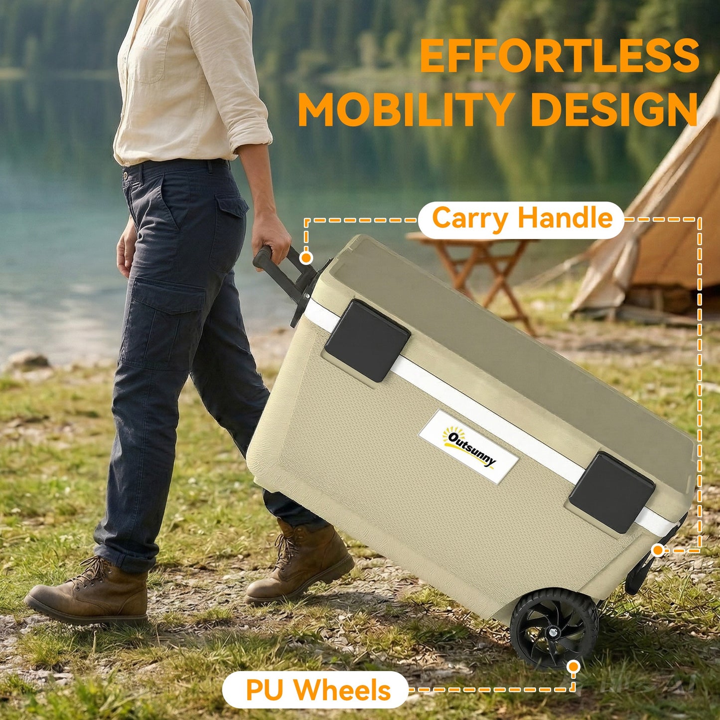70L Insulated Cool Box with Wheels, Portable Ice Cooler with Handle