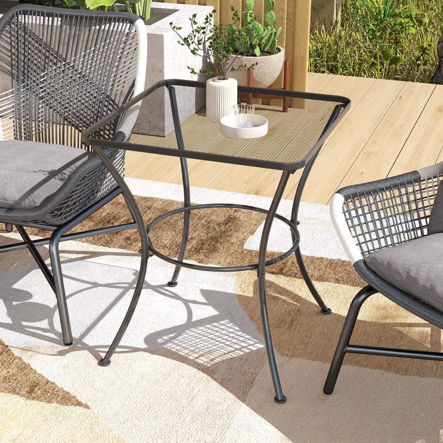 60cm Square Garden Table, Outdoor Metal Bistro Side Desk with Mesh Top
