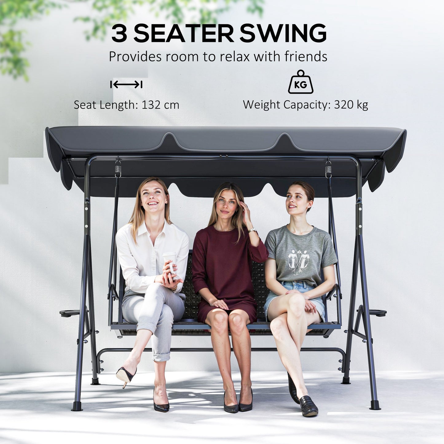3 Seater Swing Chair, Garden Swing Seat Bench with Adjustable Canopy