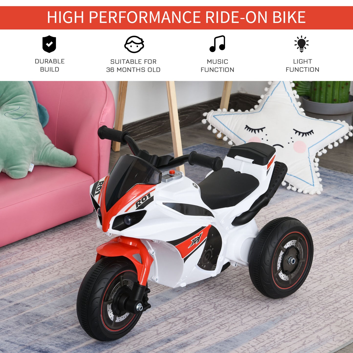 Kids Ride-On Police Bike 3-Wheel Vehicle w/ Music Lights Safe Seat